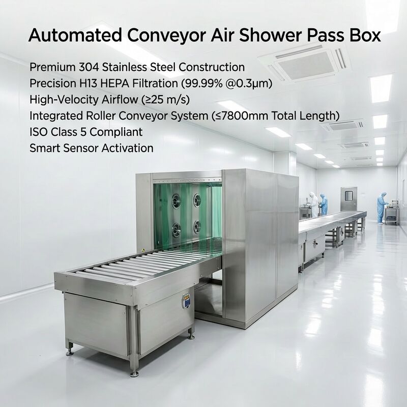 Powered Roller Conveyor Air Shower with Dual HEPA Filters and 304 Stainless Steel Frame for ISO 14644 & GMP Compliant Cleanroom Transfer System